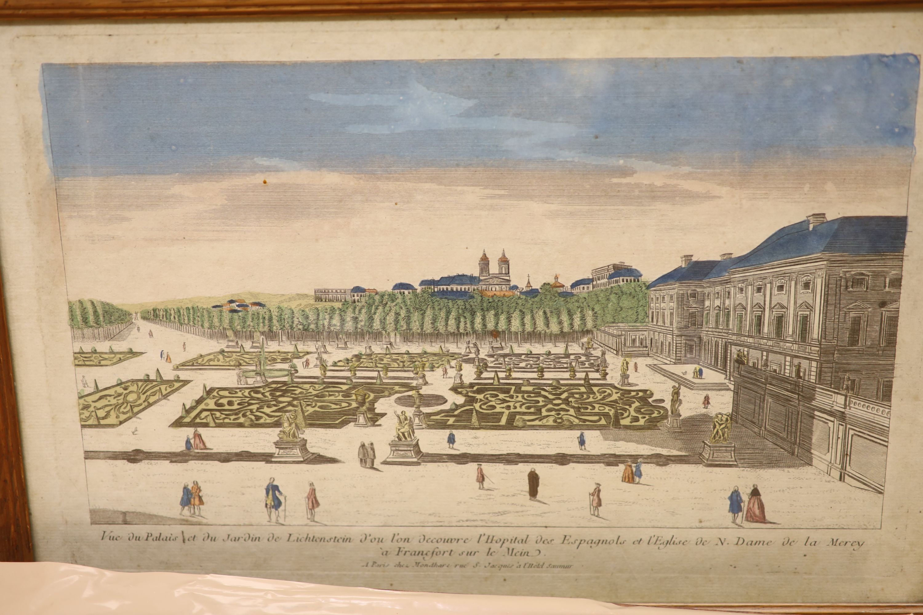 Five 18th century coloured engravings, Views of Frankfurt and other cities, largest 27 x 41cm